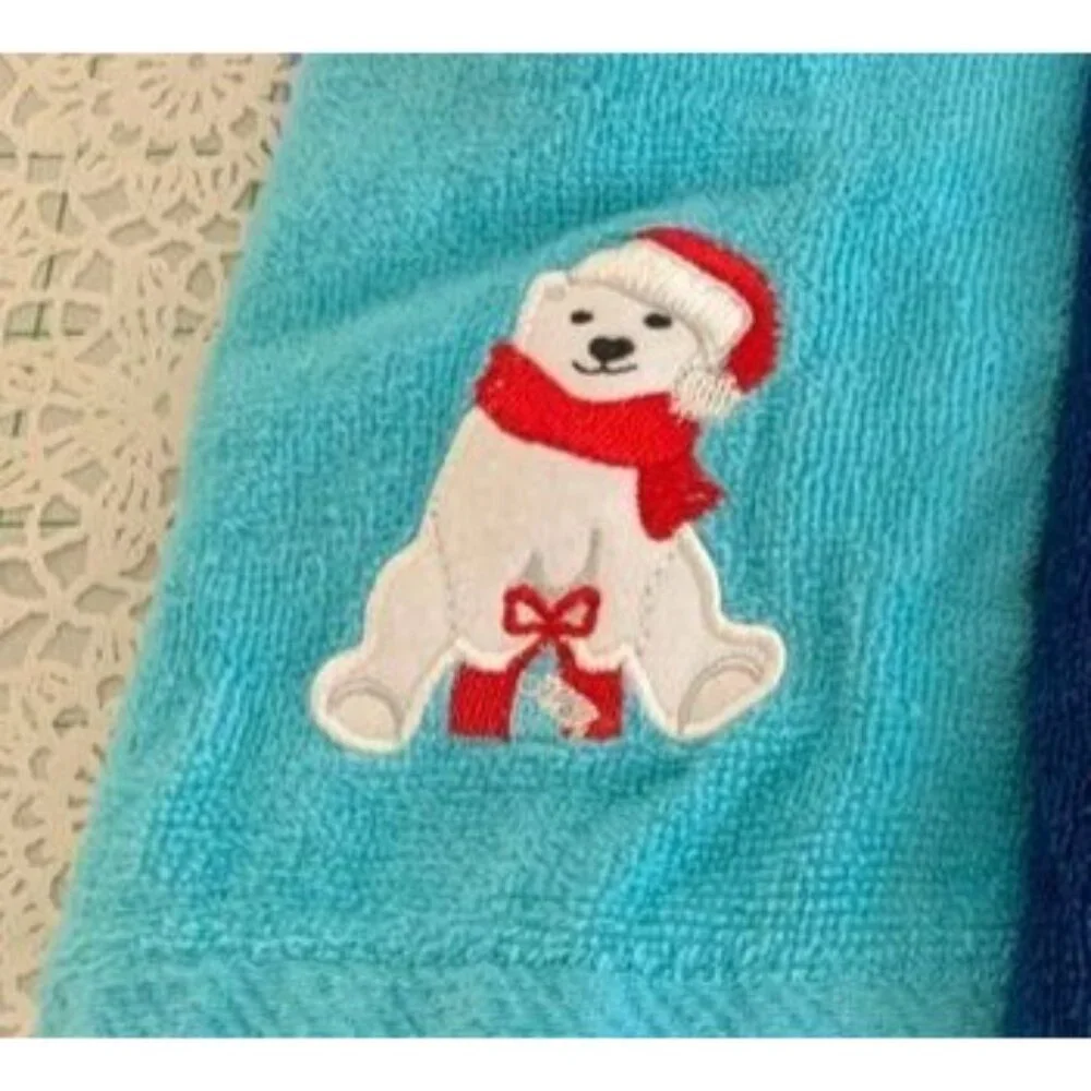 Christmas Embroidered Finger Towels Set Snowman & Polar Bear 11x15